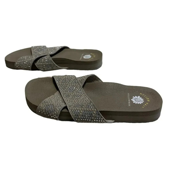 Yellow Box Mellow Mat Jeweled Cross Strap Slip on Sandals Size 8.5 Taupe Leather - Picture 6 of 10